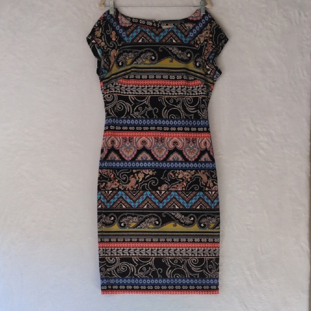 Beige by eci Women's Colorful Aztec Geometric Midi Pencil Dress Size 8